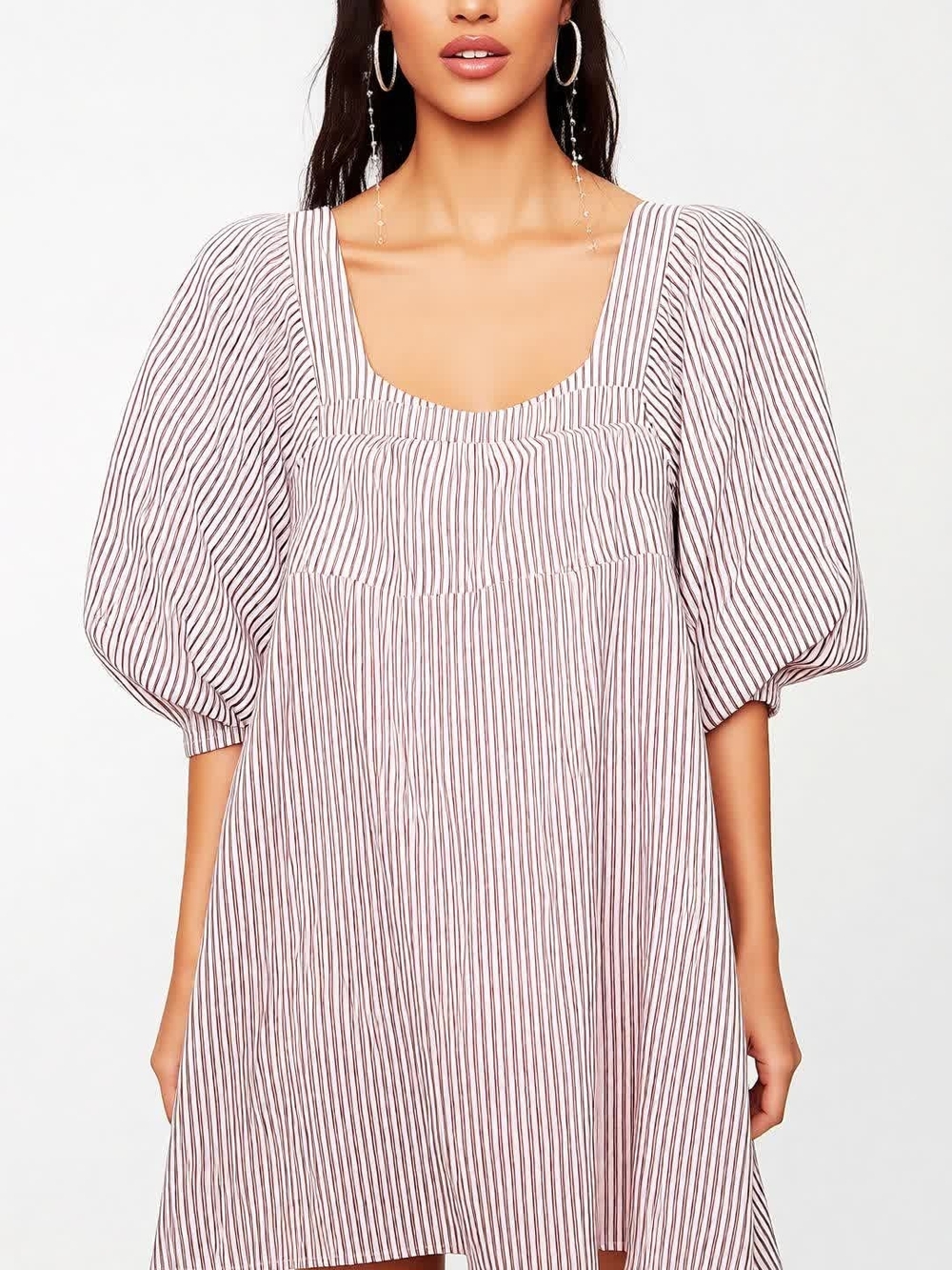 Striped Puff-Sleeve Swing Tiered Dress in Light Gray And White